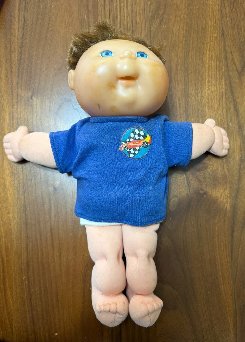1996 Cabbage Patch Kids Boy Brown Hair Doll Blue Eyes Race Car Outfit Signed VTG